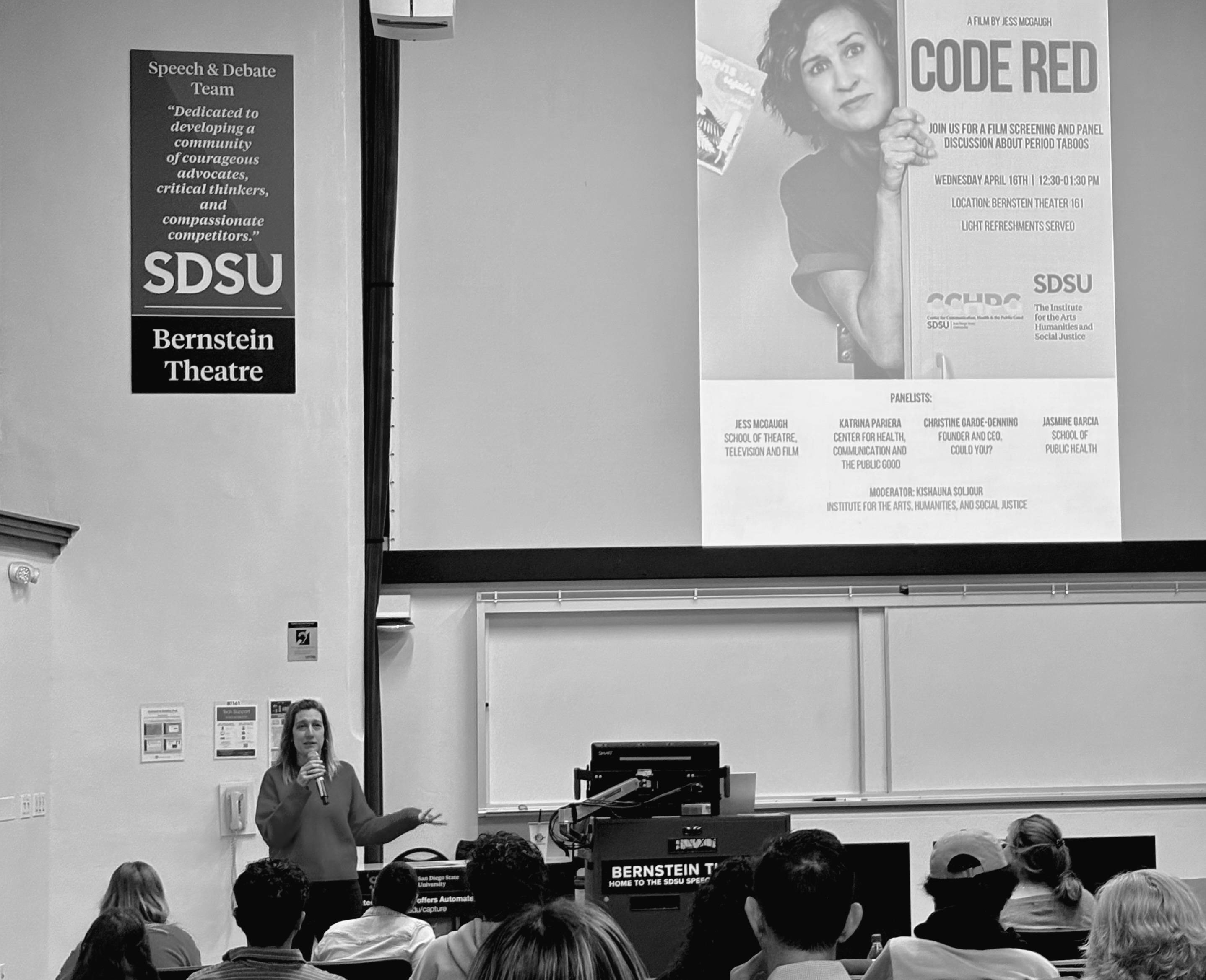 Jessica McGaugh speaks at the Code Red Screening Event